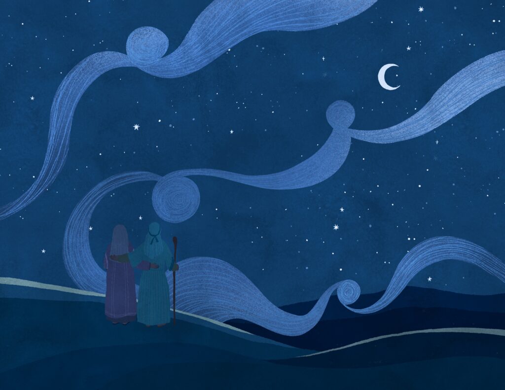 a blue-toned illustration of a night sky, peppered with bright stars.