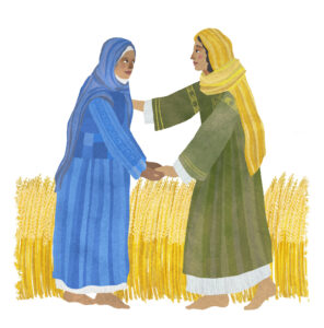 an illustration of two middle aged woman in middle-eastern robes and headscarves.