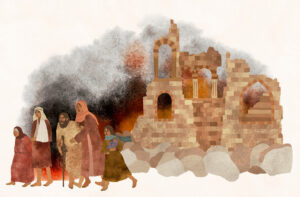 illustration of three people of various ages and abilities fleeing from a burning city.