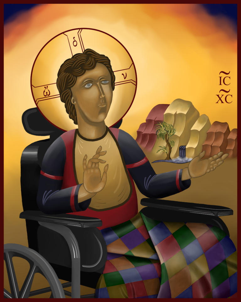 Christ seated in a power wheelchair, painted in the Orthodox icon style