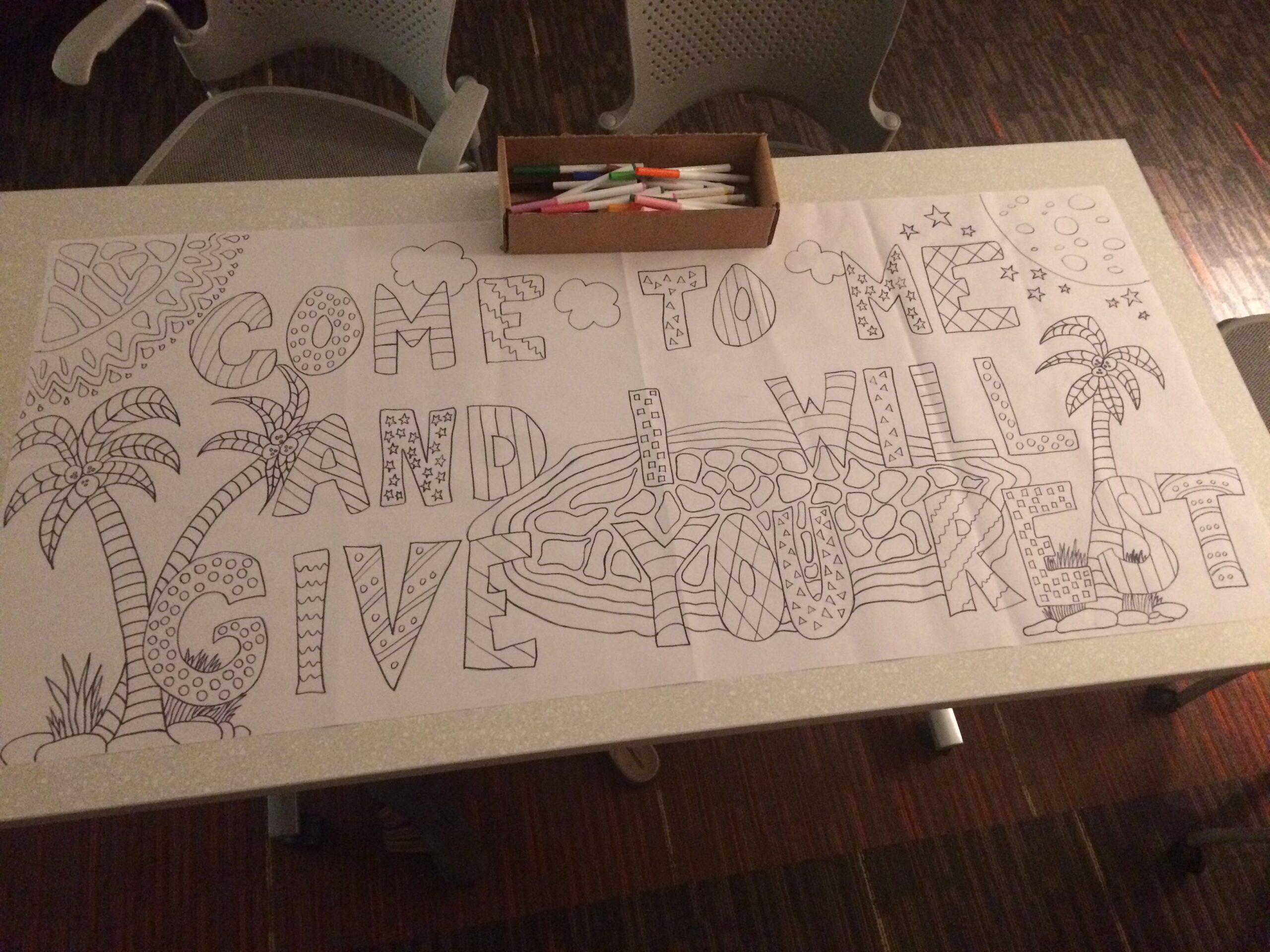 a giant coloring page that says 'come to me and I will give you rest' with palm trees and the sun and moon in the background