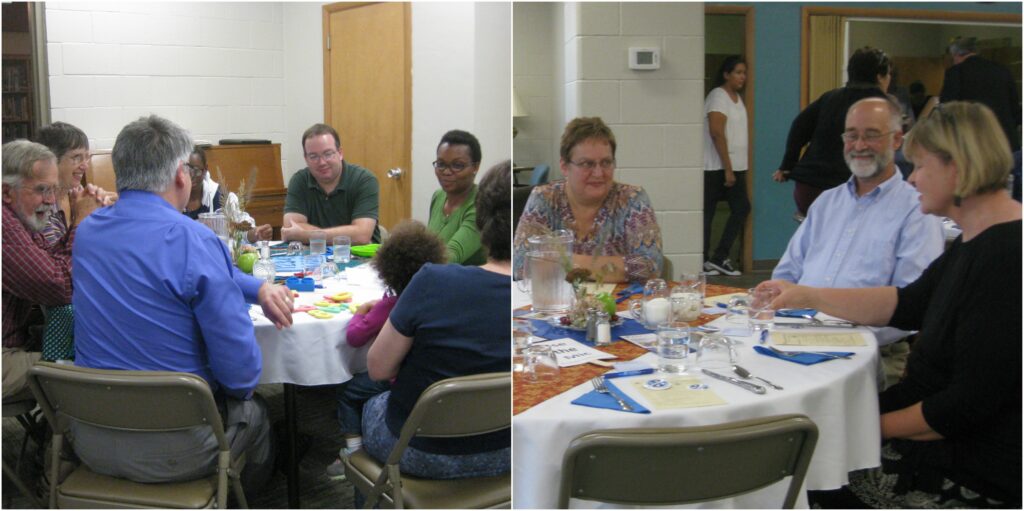 a photo of people eating at round tables