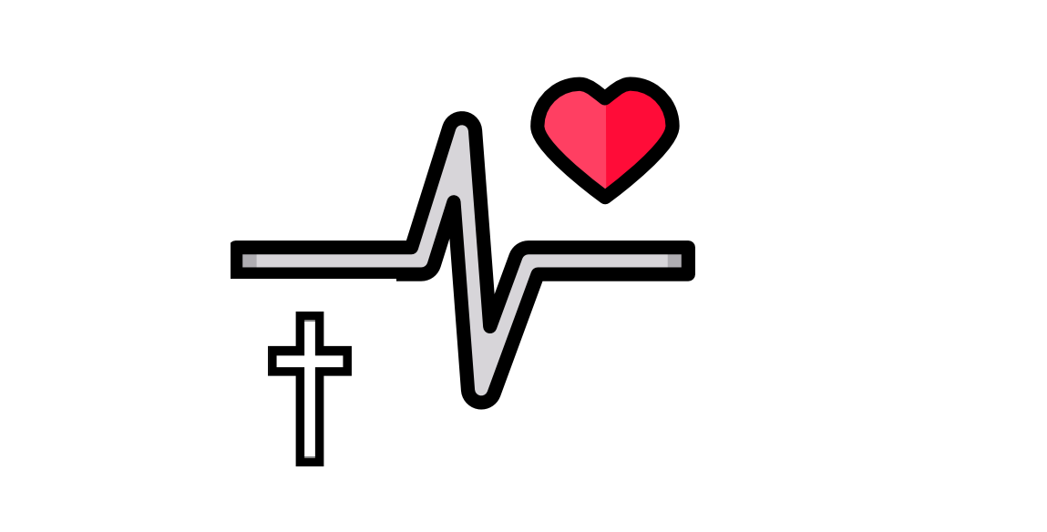graphic of an ecocardiogram, a cross, and a heart