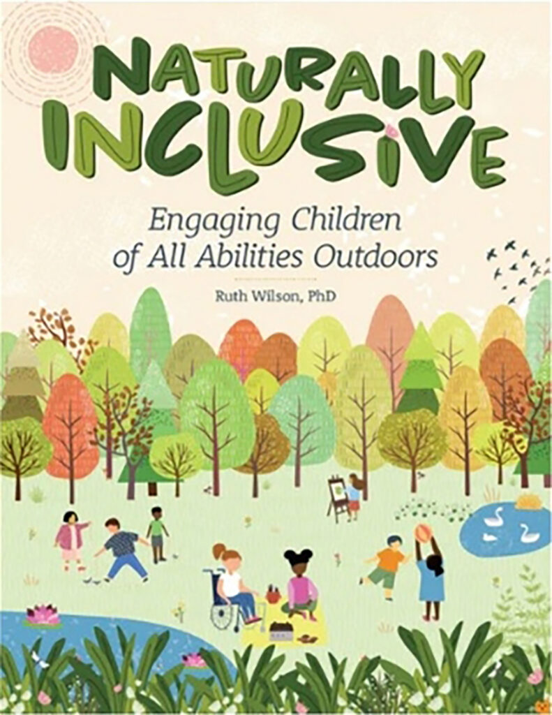 cover of Naturally Inclusive, a drawing of a forest with children playing in the grass in the foreground