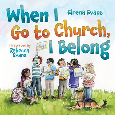 book cover of When I Go to Church, I Belong with kids holding books, including one child in a wheelchair and another with a guide dog