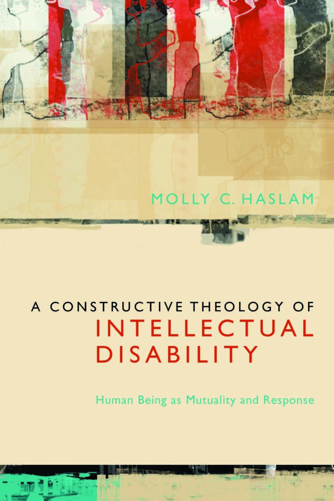 book cover of a constructive theology of intellectual disability with watercolor bars of color in red, black, white, green and brown