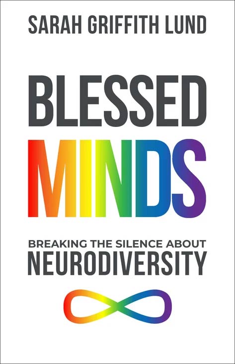 book cover of blessed minds where the word minds is in rainbow letters and below is a möbius strip in rainbow colors