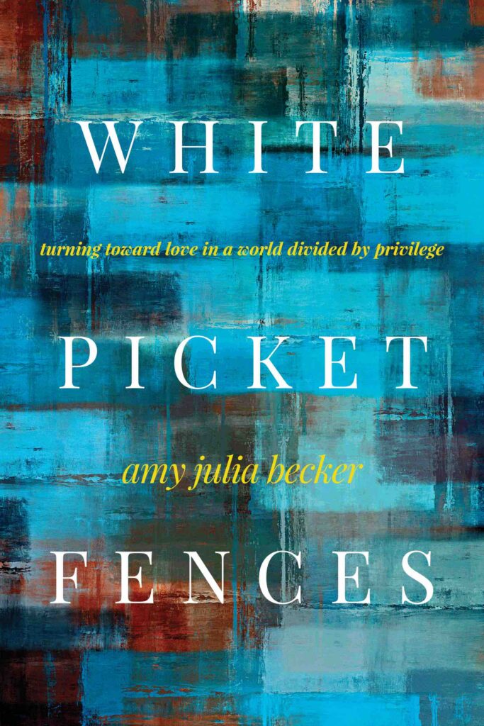 book cover of white picket fences with abstract squares in shades of blue and red