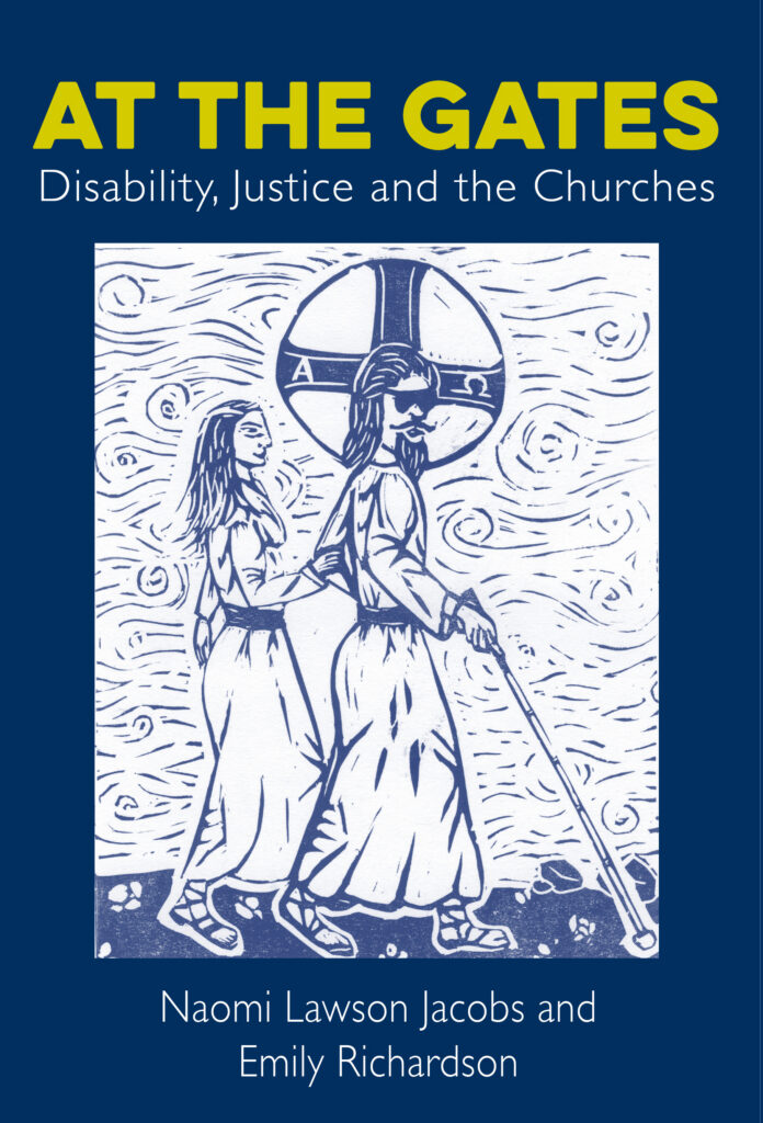 cover of at the gates with an image of a blind Jesus using a white cane, wearing sunglasses and being assisted by a woman in a long white robe