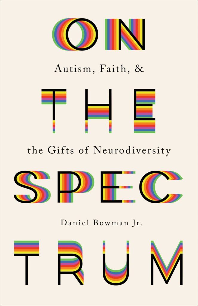 book cover of on the spectrum with the title letters in black with rainbow shadows