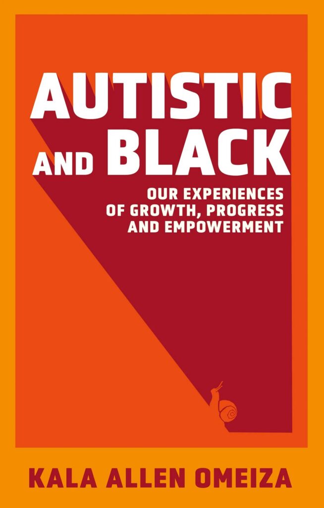 book cover of autistic and black outlined in yellow with orange and red triangles across the page