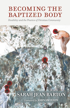 book cover of becoming the baptized body with an image of water and people in white robes and with red halos around their heads in the water