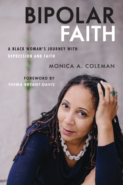 book cover of bipolar faith with an image of an african-american woman on the cover with black dreadlocks wearing a navy top and a cowry shell necklace looking at the camera with one hand on her head