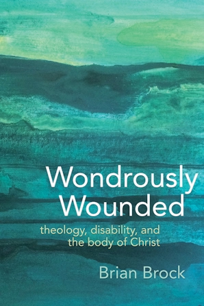 book cover of wondrously wounded with abstract water color in the background in shades of green and blue