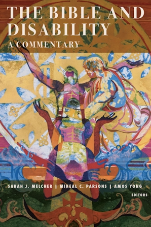 cover of the bible and disability with a colorful abstract image of a bearded man with hands raised and other people around him