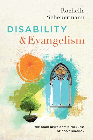 book cover of disability and evangelism with an image of the sun, a tree and a blue church window