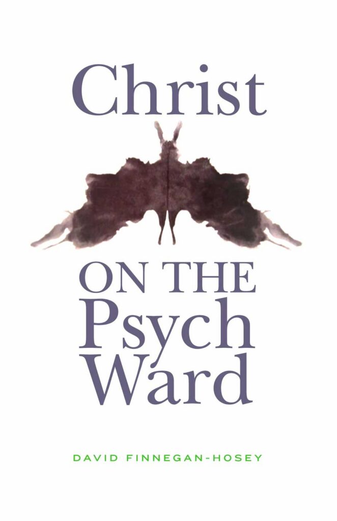 book cover of christ on the psych ward with a white cover and dark purple text and an ink blot in the center that looks like a bat or butterfly