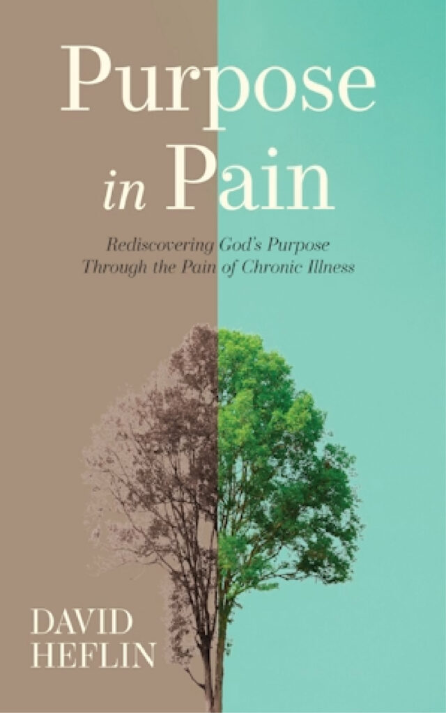 book cover of purpose in pain, two halves of the page are brown and blue-green. a tree in the center is half brown and half green