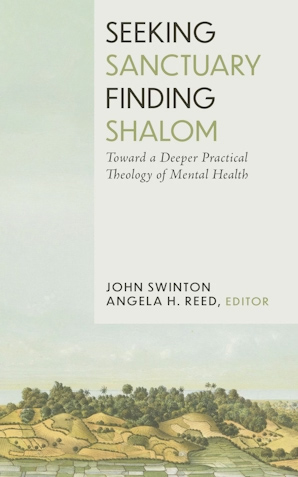 book cover of seeking sanctuary finding shalom with a cloudy blue sky taking up most of the page and a riverside scene at the bottom with trees and brown fields next to the water