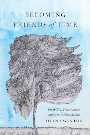book cover of becoming friends of time with a large tree sketched in black and white with a blue background