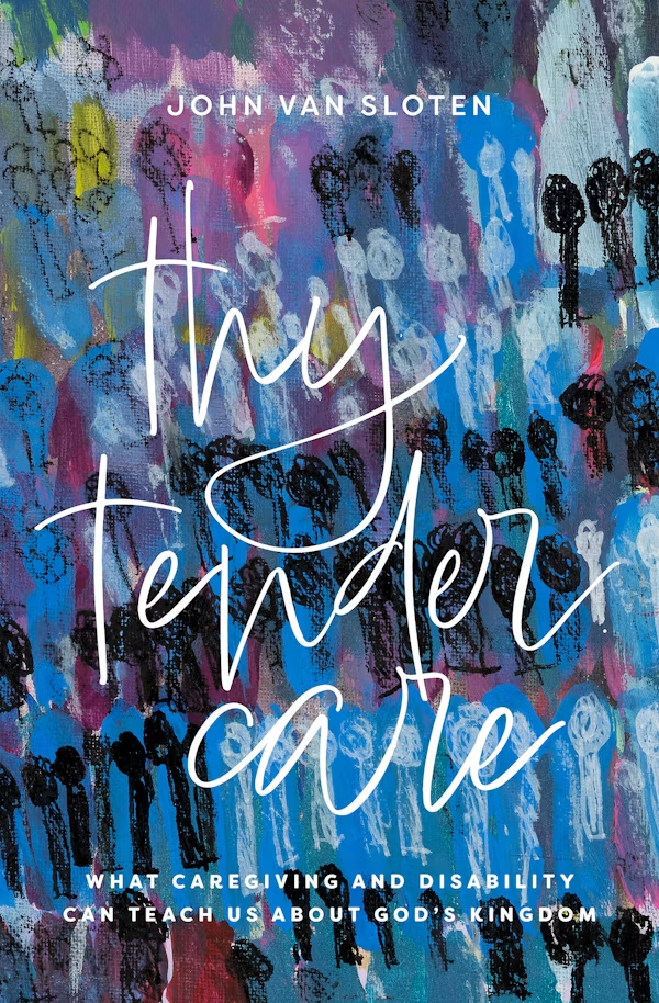 book cover of thy tender care with an abstract painting in the background in predominately shades of blue, black and purple