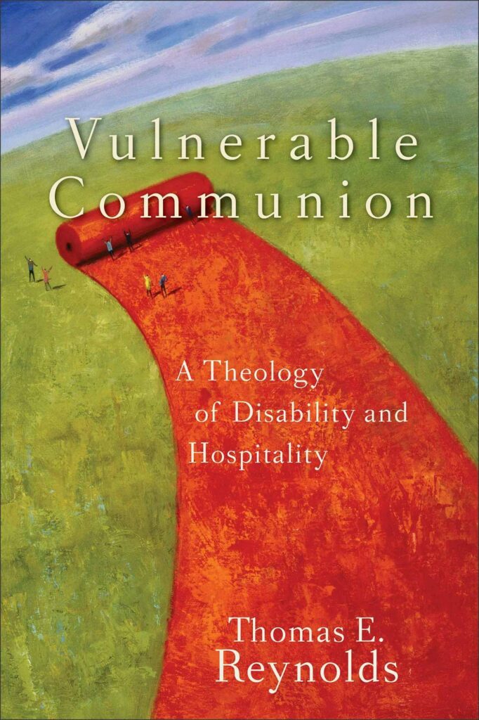 book cover of vulnerable communion with a drawing of a red mat being rolled out on a green field with tiny people surrounding it