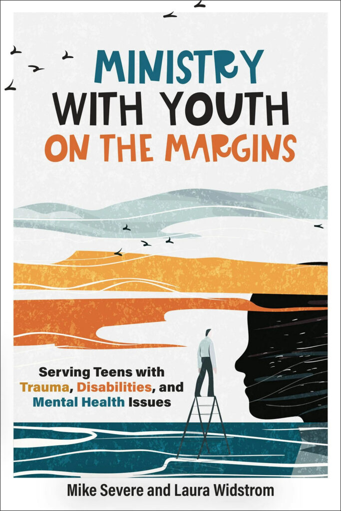 book cover of ministry with youth on the margins, an abstract drawing of waves and clouds, a person standing on top of a ladder and a silhouette of a face
